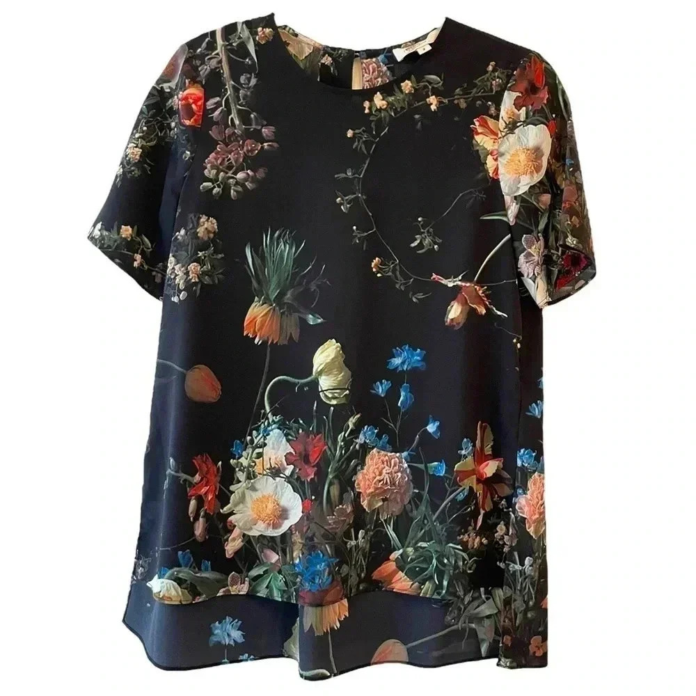 Adam Lippes Black Floral Graphic Short Sleeve Blouse - Picture 3 of 7